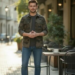 Express Men's Green Burgundy Black Camouflage Field Shirt Jacket Size Large